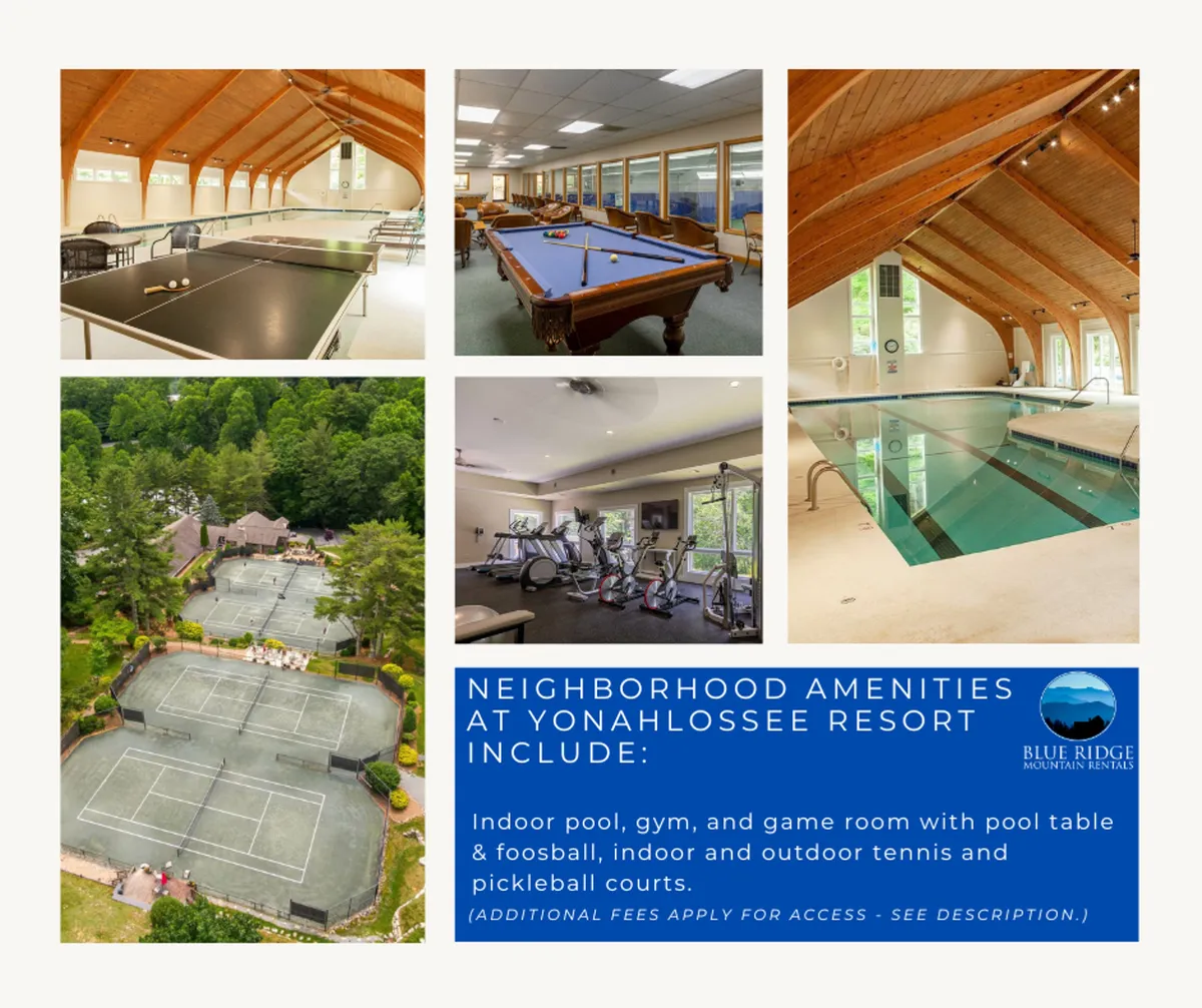 A vibrant interior space featuring a variety of Yonahlossee Resort amenities: an indoor pool with lounge chairs, gym equipment, a pool table, a ping pong table, and indoor tennis courts. The area exudes an active, social mood, with multiple opportunities for recreation and relaxation.